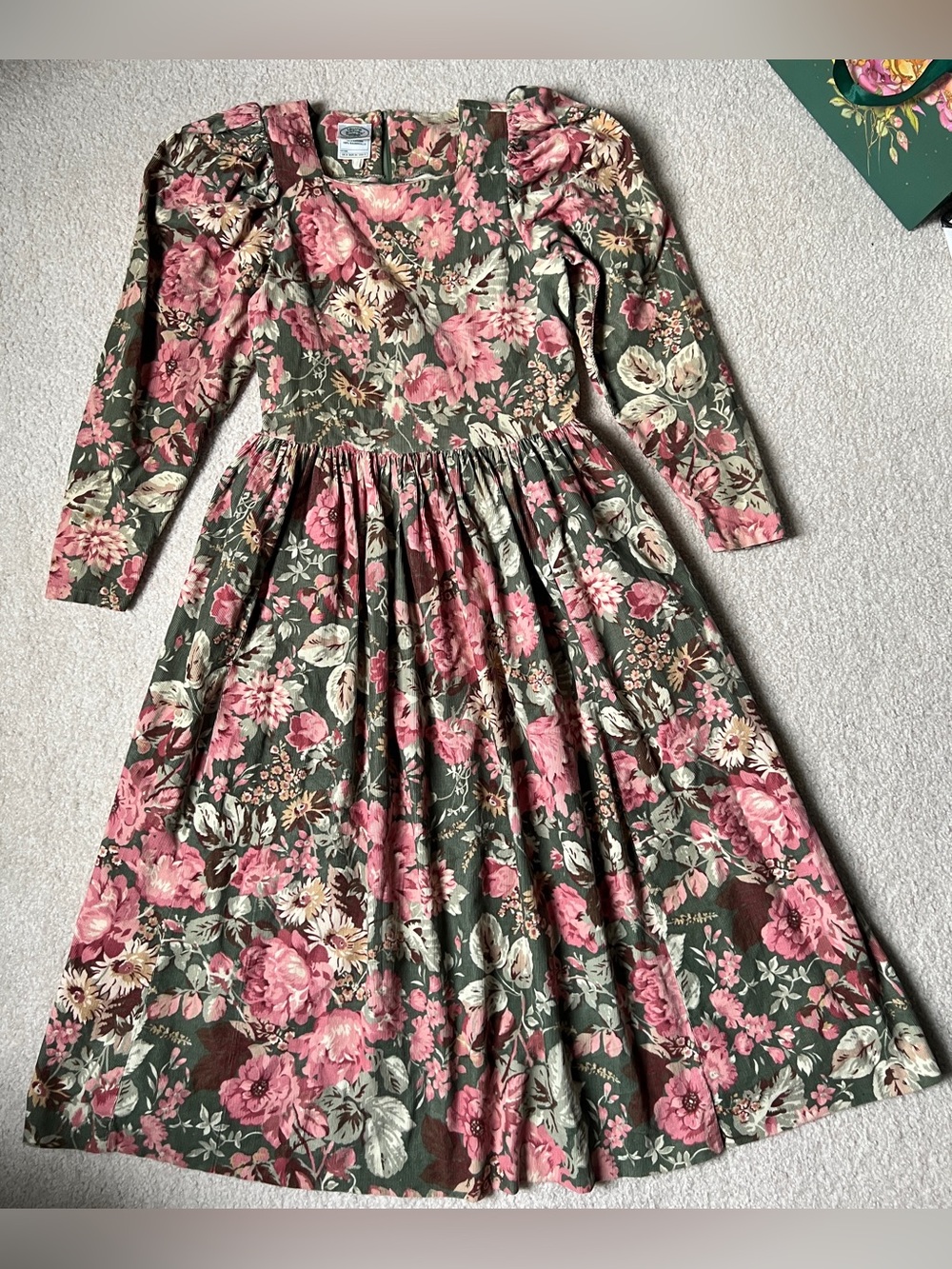 LAURA ASHLEY Maxi Dress UK 8 US 6 Floral Roses Long Puff Sleeve Corduroy Vintage